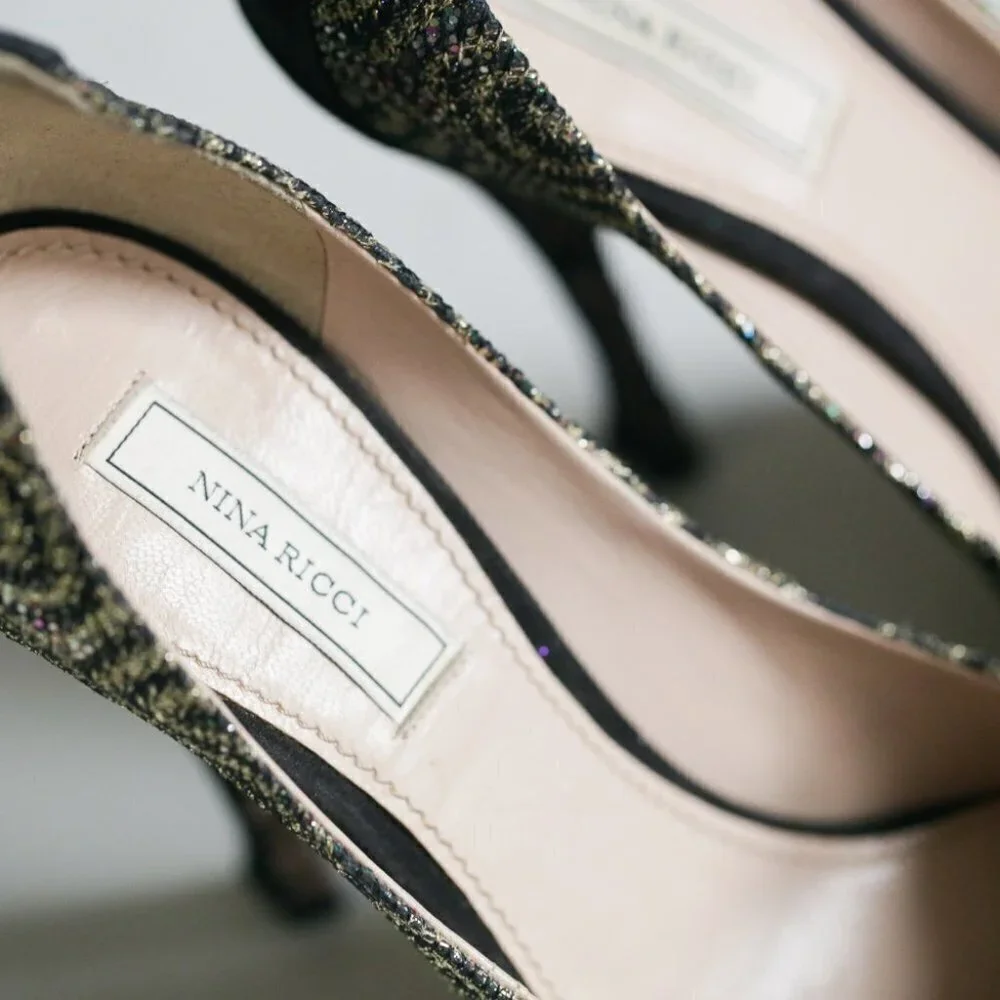 Nina Ricci High-Heel Glitter Black  Suede Pumps